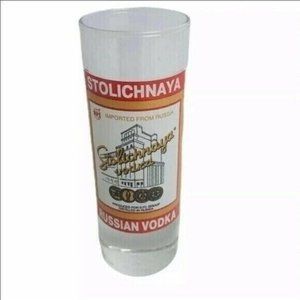 Stolichnaya Russian Vodka Shot Glass 4 Inch Tall Red White Label Mancave